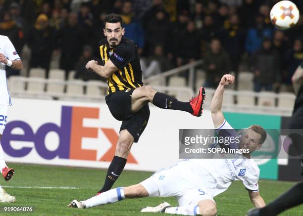 Player Lazaros Christodoulopoulos seen in action during the game. Europa League Round of 32 First Leg - AEK Athens vs Dynamo Kiev .