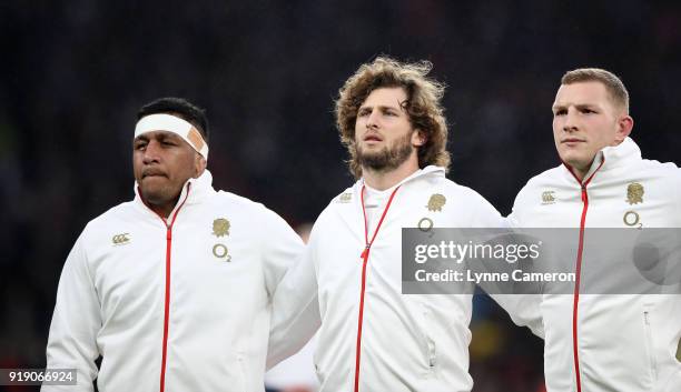 Mako Vunipola, Alec Hepburn and Sam Underhill of England during the NatWest Six Nations match between England and Wales at Twickenham Stadium on...