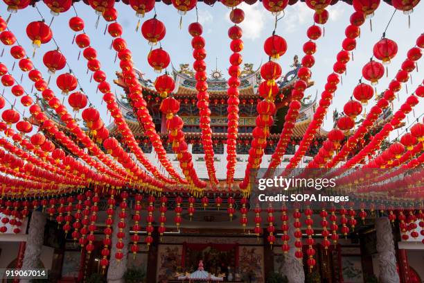 Red lanterns seen at the Thean Hou Temple on the first day of Chinese New Year. Chinese New Year is the first day of the New Year in the Chinese...