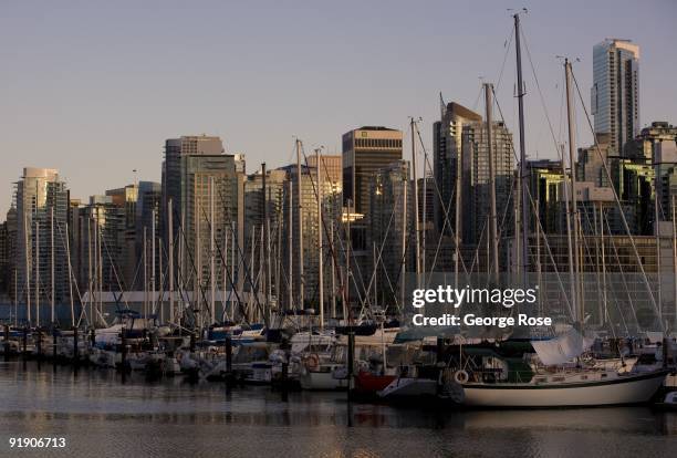 The new highrise condominiums, boats, offices and hotels along the Coal Harbour waterfront are seen in this 2009 Vancouver, British Columbia, Canada,...