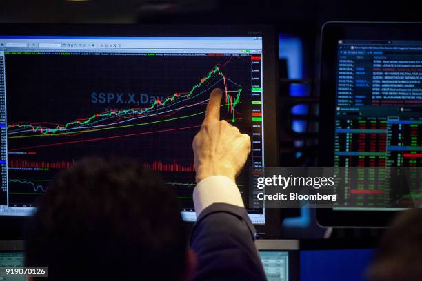 Trader points to monitor displaying an S&P 500 Index chart on the floor of the New York Stock Exchange in New York, U.S., on Friday, Feb. 16, 2018....