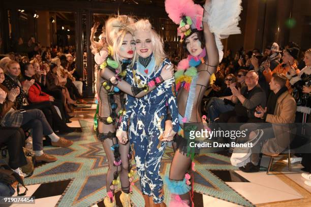 Pam Hogg and models attend the Pam Hogg show during London Fashion Week February 2018 at The Freemason's Hall on February 16, 2018 in London, England.