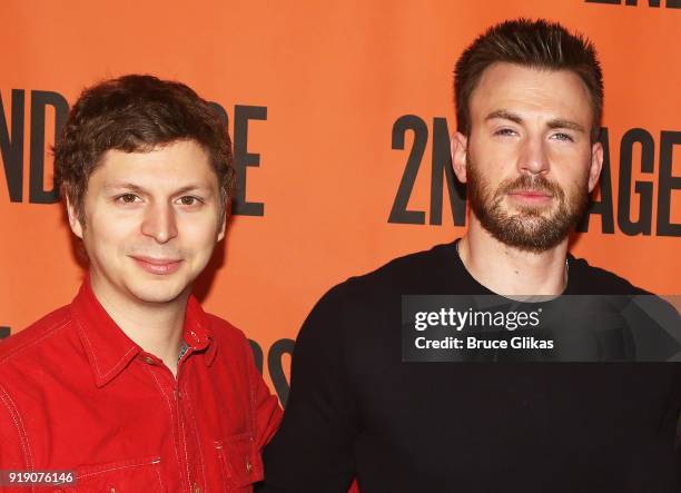 Michael Cera and Chris Evans pose at the new broadway play "Lobby Hero" cast meet & greet at Sardi's on February 16, 2018 in New York City.