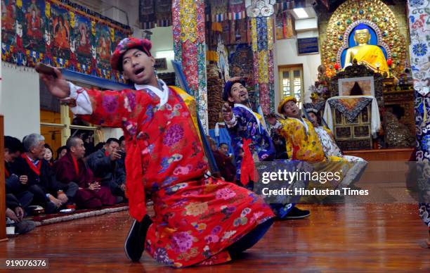 Exiled Tibetan artistes perform a ceremonial sword dance to welcome their New Year called Losar on February 16, 2018 in Dharamsala, India. Tibetans...