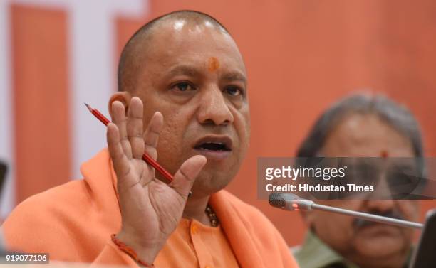 Chief Minister Yogi Adityanath speaks during a press confrence after Budget session for 2018-19 of Utter Pradesh in Assembly House on February 16,...