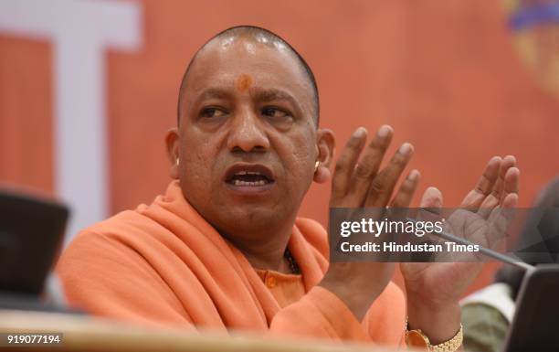 Chief Minister Yogi Adityanath speaks during a press confrence after Budget session for 2018-19 of Utter Pradesh in Assembly House on February 16,...