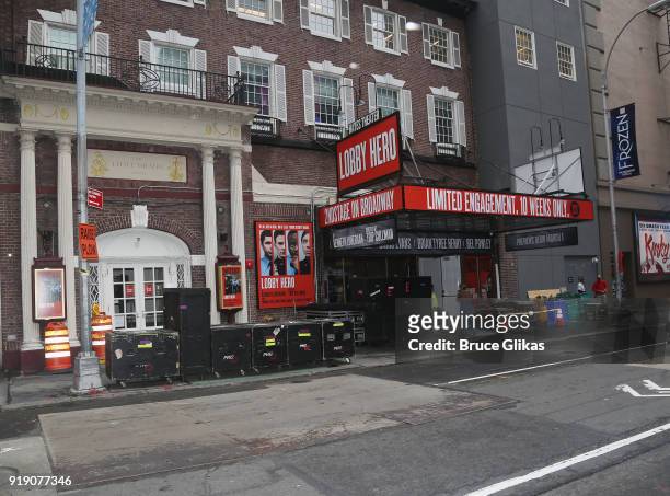Signage at the new broadway play "Lobby Hero" at The Hayes Theater on February 16, 2018 in New York City.