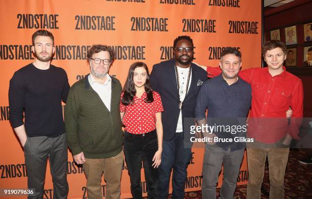 Chris Evans, Playwright Kenneth Lonergan, Bel Powley, Brian Tyree Henry, Director Trip Cullman and Michael Cera pose at the new broadway play "Lobby...