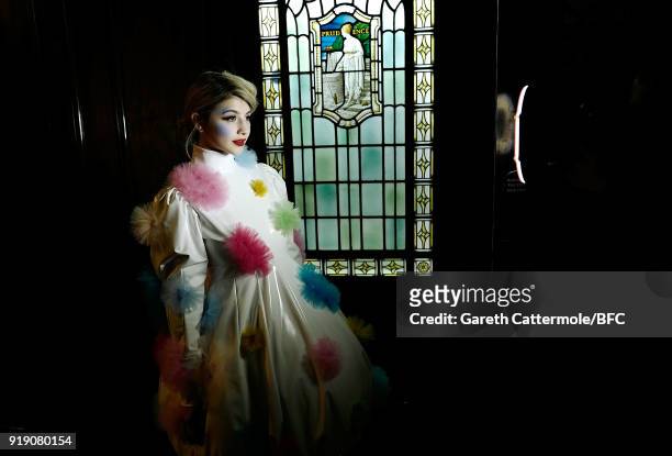 Lilyella Zender backstage ahead of the Pam Hogg show during London Fashion Week February 2018 at The Freemason's Hall on February 16, 2018 in London,...
