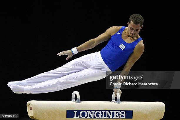 Alexander Shatilov of Israel competes on the pommel horse during the Men's All Round Final on the third day of the Artistic Gymnastics World...