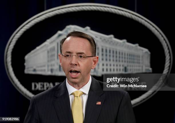 Deputy Attorney General Rod Rosenstein announces the indictment of 13 Russian nationals and 3 Russian organizations for meddling in the 2016 U.S....