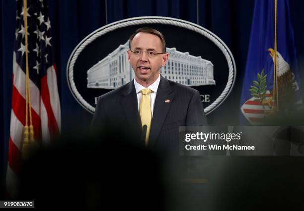 Deputy Attorney General Rod Rosenstein announces the indictment of 13 Russian nationals and 3 Russian organizations for meddling in the 2016 U.S....