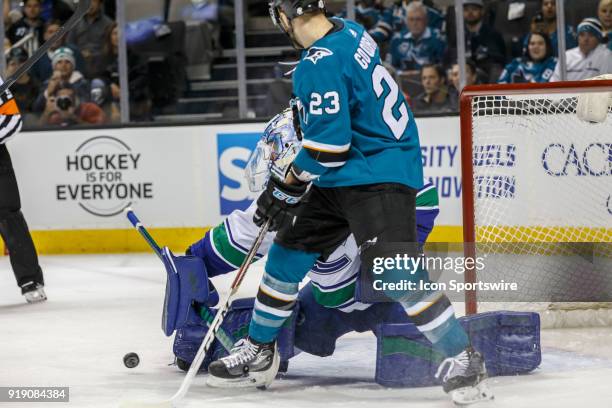 San Jose Sharks right wing Barclay Goodrow in close on Vancouver Canucks goaltender Anders Nilsson during the first period of the regular season game...