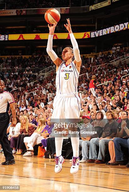 Diana Taurasi of the Phoenix Mercury shoots a jump shot in Game Five of the WNBA Finals against the Indiana Fever at U.S. Airways Center on October...