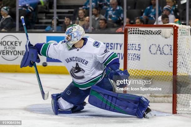 Vancouver Canucks goaltender Anders Nilsson makes a save during the third period of the regular season game between the San Jose Sharks and the...