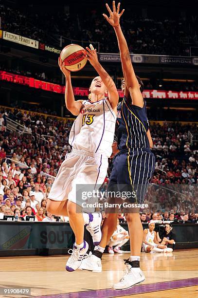 Penny Taylor of the Phoenix Mercury goes up for a shot against Tammy Sutton-Brown of the Indiana Fever in Game Five of the WNBA Finals at U.S....