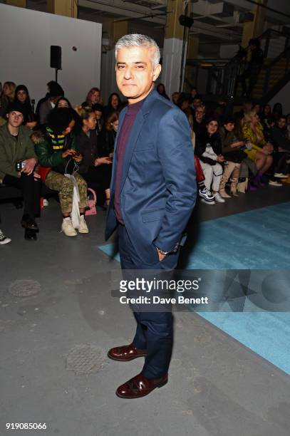 Mayor of London Sadiq Khan attends the Ashley Williams show during London Fashion Week February 2018 at Ambika P3 on February 16, 2018 in London,...