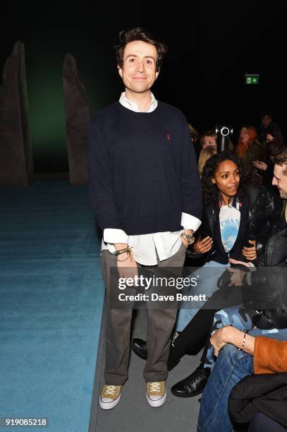 Nick Grimshaw attends the Ashley Williams show during London Fashion Week February 2018 at Ambika P3 on February 16, 2018 in London, England.