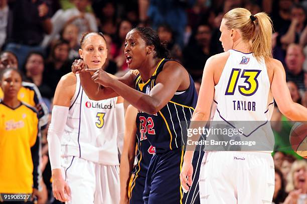 Ebony Hoffman of the Indiana Fever reacts in Game Five of the WNBA Finals against the Phoenix Mercury at U.S. Airways Center on October 9, 2009 in...