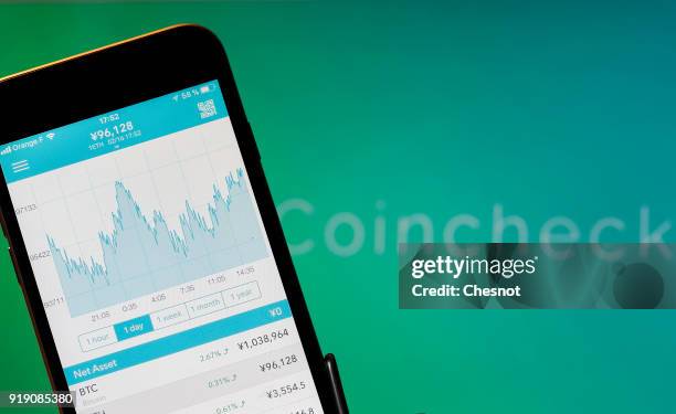 In this photo illustration, Bitcoin course's graph is seen on the Coincheck cryptocurrency exchange application on February 16, 2018 in Paris,...