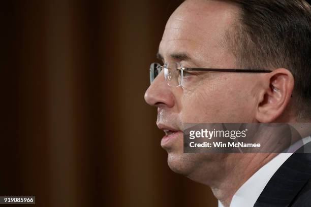 Deputy Attorney General Rod Rosenstein announces the indictment of 13 Russian nationals and 3 Russian organizations for meddling in the 2016 U.S....