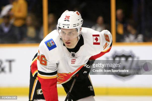 Calgary Flames defenseman Michael Stone is shown during the NHL game between the Nashville Predators and the Calgary Flames, held on February 15 at...