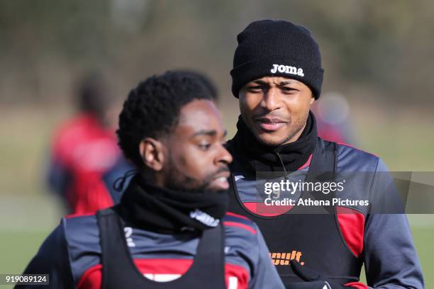Nathan Dyer and Andre Ayew in action during the Swansea City Training at The Fairwood Training Ground on February 15, 2018 in Swansea, Wales.