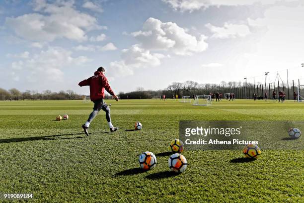 Kristoffer Nordfeldt in action during the Swansea City Training at The Fairwood Training Ground on February 15, 2018 in Swansea, Wales.