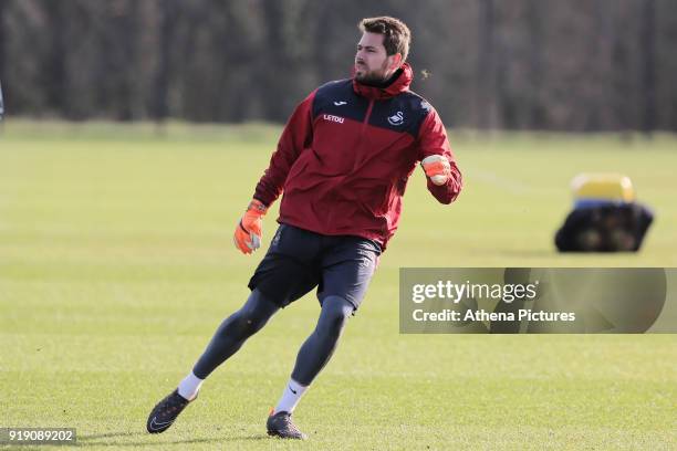 Kristoffer Nordfeldt in action during the Swansea City Training at The Fairwood Training Ground on February 15, 2018 in Swansea, Wales.