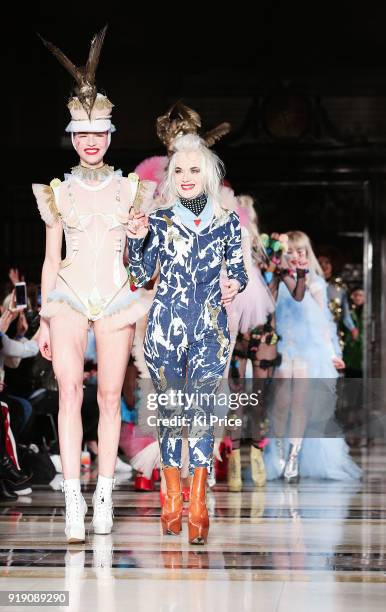 Pam Hogg walks the runway at the Pam Hogg show during London Fashion Week February 2018 at The Freemason's Hall on February 16, 2018 in London,...