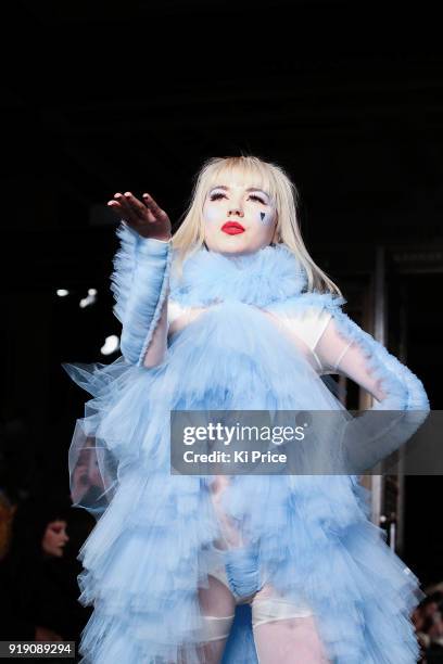 Model Ellie Rae Winstone walks the runway at the Pam Hogg show during London Fashion Week February 2018 at The Freemason's Hall on February 16, 2018...