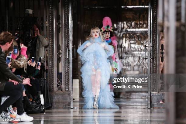 Model Ellie Rae Winstone walks the runway at the Pam Hogg show during London Fashion Week February 2018 at The Freemason's Hall on February 16, 2018...