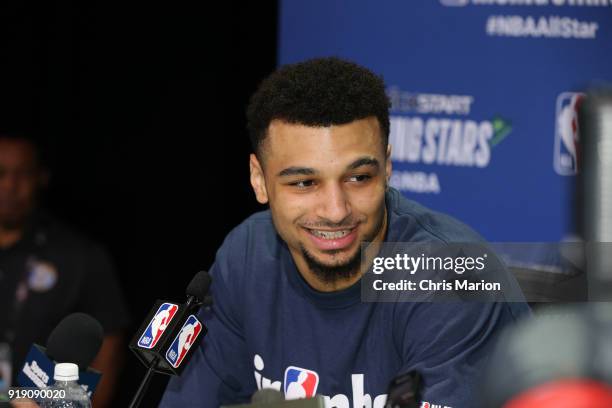 Jamal Murray of the World Team addresses the media during the 2018 Mnt Dew Kickstart Rising Stars Challenge Practice as part of 2018 All-Star Weekend...