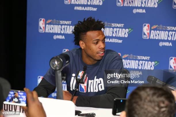 Buddy Hield of the World Team addresses the media during the 2018 Mnt Dew Kickstart Rising Stars Challenge Practice as part of 2018 All-Star Weekend...