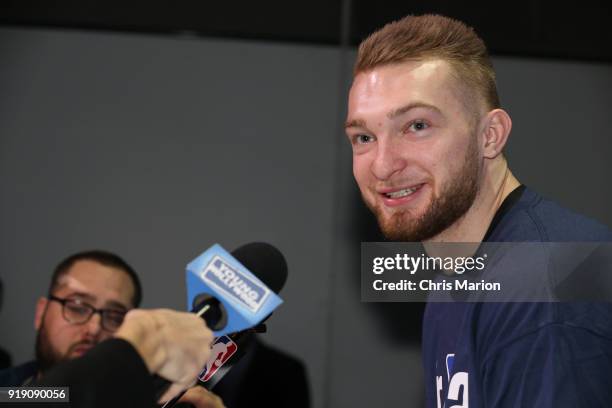 Domantas Sabonis of the World Team addresses the media during the 2018 Mnt Dew Kickstart Rising Stars Challenge Practice as part of 2018 All-Star...