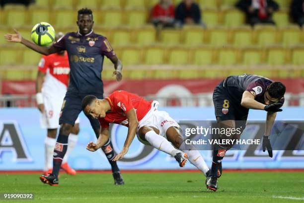 Monaco's Youri Tielemans vies with Dijon's French-Algerian midfielder Mehdi Abeid during the French L1 football match Monaco vs Dijon on February 16,...