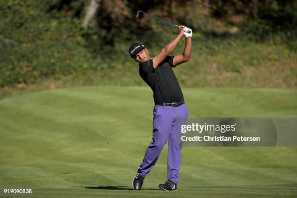 Fabian Gomez of Argentina plays his shot from the sixth tee during the second round of the Genesis Open at Riviera Country Club on February 16, 2018...