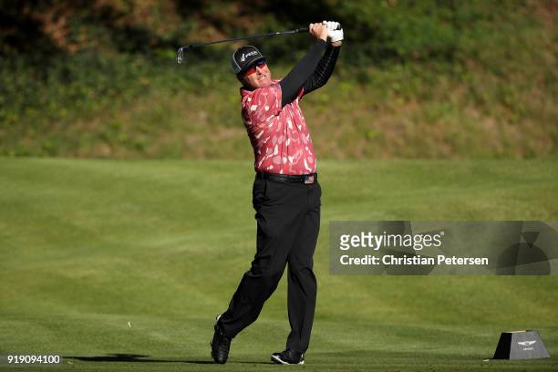 Points plays his shot from the sixth tee during the second round of the Genesis Open at Riviera Country Club on February 16, 2018 in Pacific...