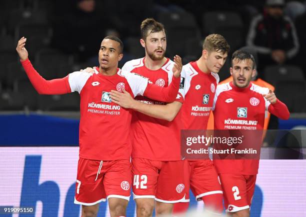 Robin Quaison of Mainz celebrates scoring his goal during the Bundesliga match between Hertha BSC and 1. FSV Mainz 05 at Olympiastadion on February...