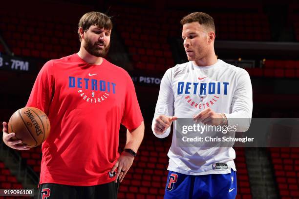 Blake Griffin of the Detroit Pistons warms up with Assistant Coach Aaron Gray of the Detroit Pistons before the game against the Miami Heat on...
