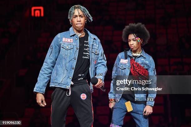 Teo Bowles and Ayleo Bowles perform during the halftime show of the Detroit Pistons and Miami Heat game on February 3, 2018 at Little Caesars Arena...