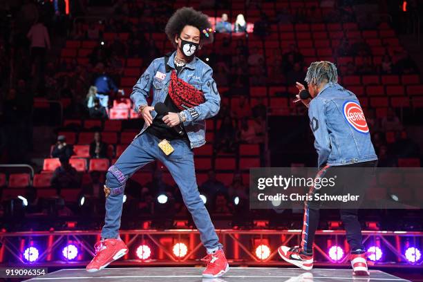 Teo Bowles and Ayleo Bowles perform during the halftime show of the Detroit Pistons and Miami Heat game on February 3, 2018 at Little Caesars Arena...