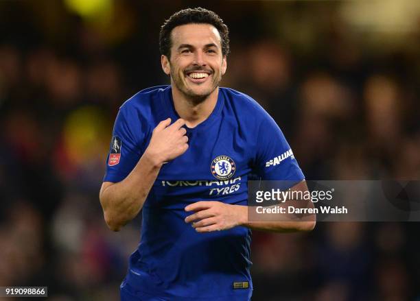 Pedro of Chelsea celebrates after scoring the second goal during the Emirates FA Cup Fifth Round match between Chelsea and Hull City at Stamford...