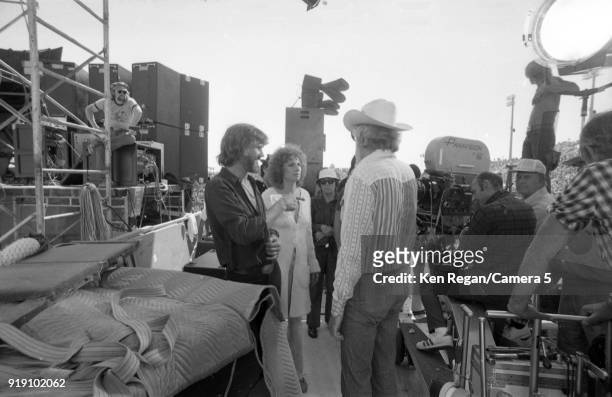 Actors Barbra Streisand and Kris Kristopherson are photographed on the set of 'A Star is Born' in 1976 at Sun Devil Stadium in Tempe, Arizona. CREDIT...