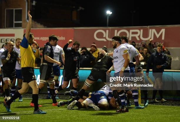 Kyle Cooper of Newcastle Falcons dives for the line to score the third try of the game during the Aviva Premiership match between Newcastle Falcons...