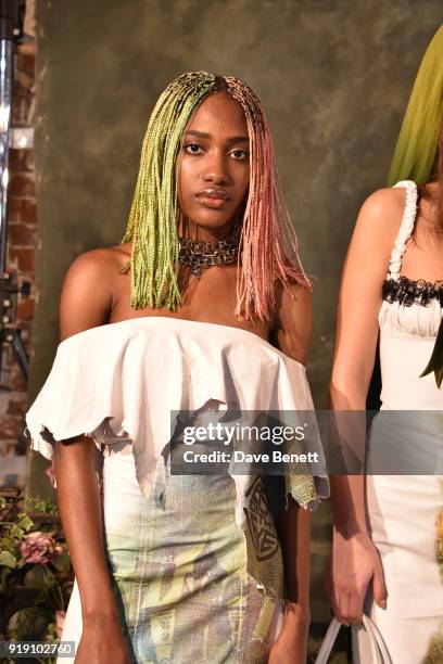 Showcases designs at the Mimi Wade presentation during London Fashion Week February 2018 at One Star Hotel in Shoreditch on February 16, 2018 in...