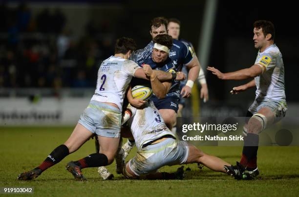 Jono Ross of Sale Sharks in action during the Aviva Premiership match between Sale Sharks and Saracens at AJ Bell Stadium on February 16, 2018 in...