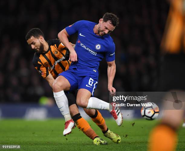 Danny Drinkwater of Chelsea is tackled by Kevin Stewart of Hull City during the Emirates FA Cup Fifth Round match between Chelsea and Hull City at...