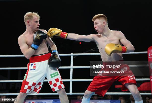 Kiaran MacDonald of the British Lionhearts takes on David Alaverdian of the Croatian Knights during the World Series of Boxing match between The...