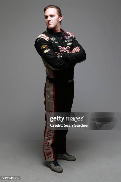 Camping World Truck Series driver Parker Kligerman poses for a portrait at Daytona International Speedway on February 16, 2018 in Daytona Beach,...